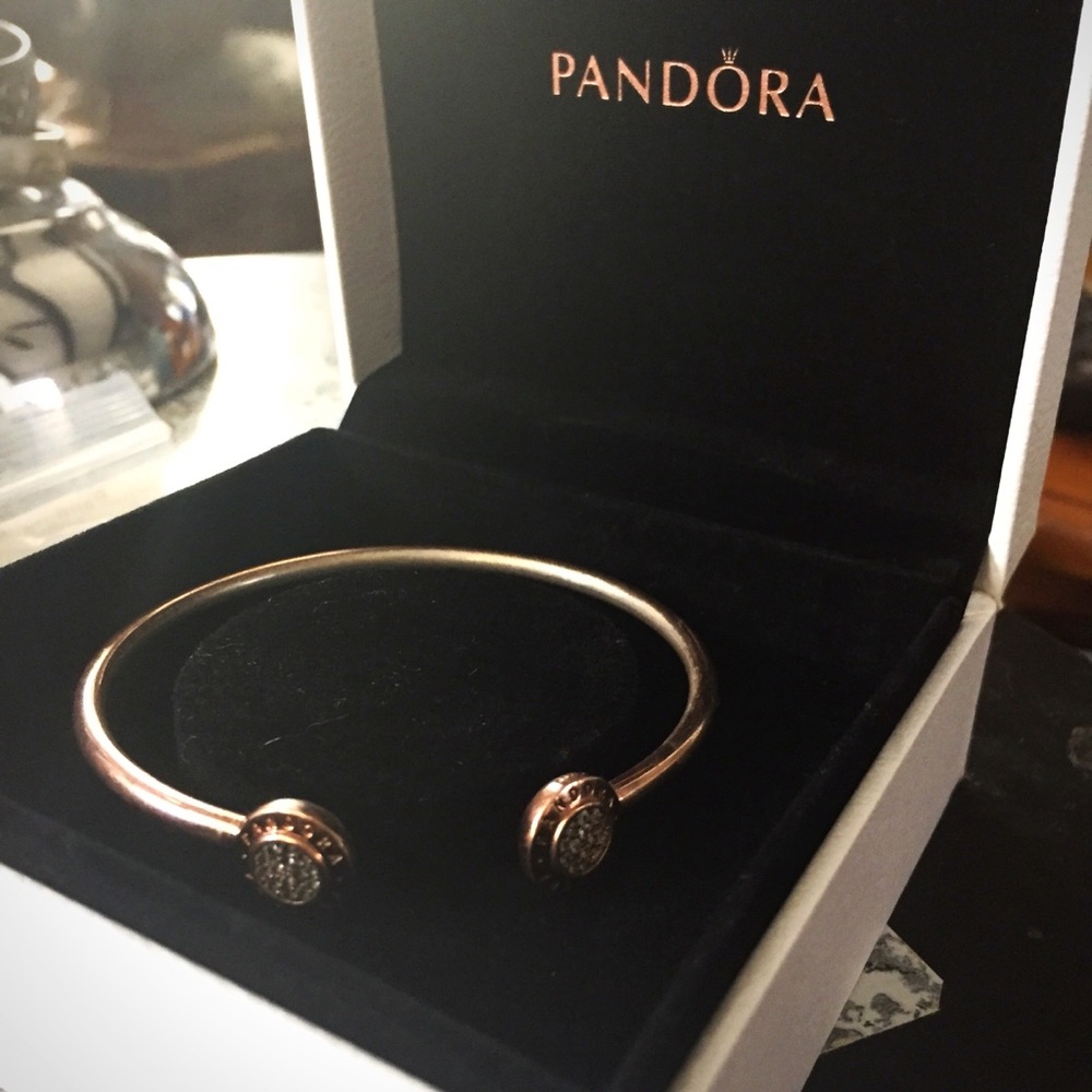 EUC PANDORA ROSE GOLD CUFF WITH DIAMOND ACCENTS